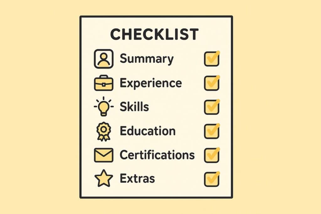 “Infographic-style checklist showing the seven essential resume sections with yellow checkmarks and minimal flat icons.”