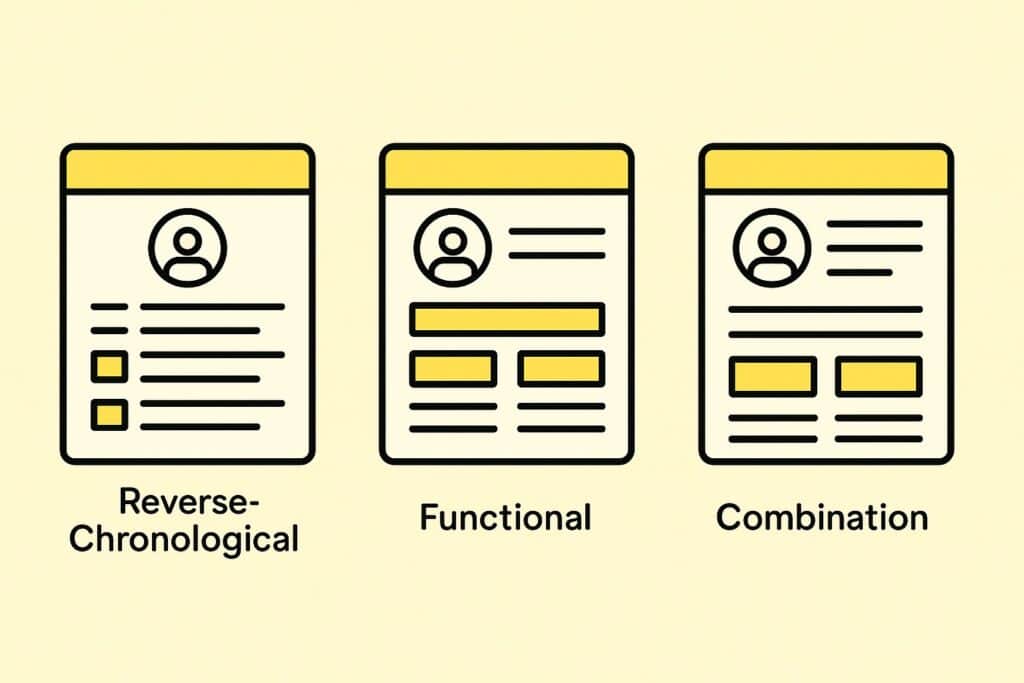 “Three simple resume icons labeled Reverse-Chronological, Functional, and Combination, shown side by side with yellow headers.”