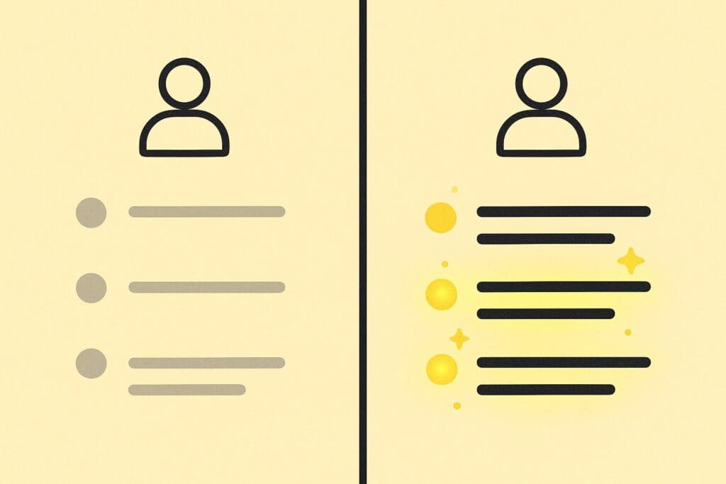 “Split-screen comparison showing weak bullet points in grey next to strong, yellow-highlighted bullet points with sparkles.”