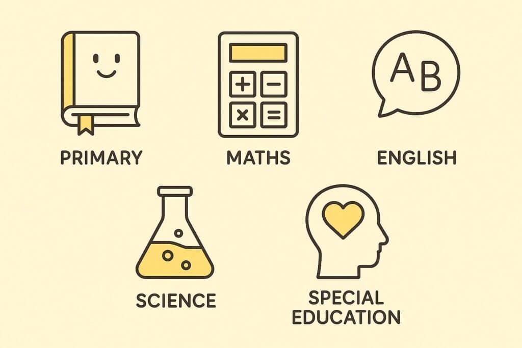 “Grid of yellow-accented icons representing primary, maths, English, science, and special education subjects.”