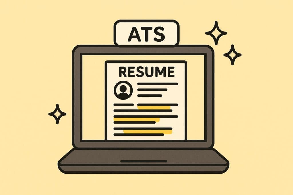 “Laptop illustration showing an ATS system scanning a resume with keywords highlighted in yellow.”