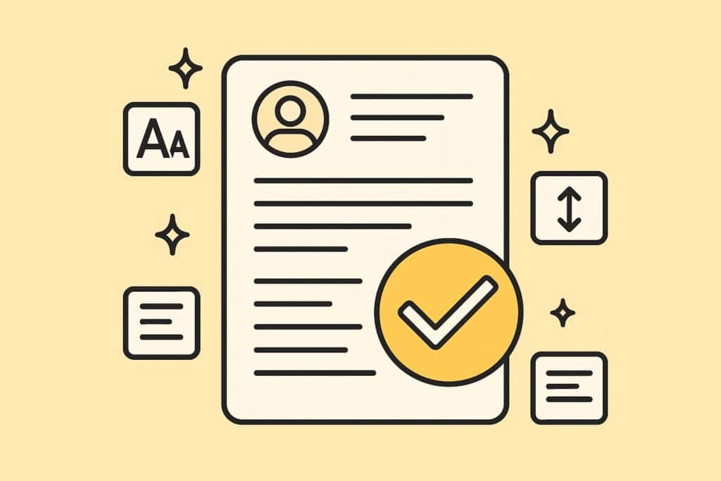 “Flat resume illustration with a large yellow checkmark and small formatting icons representing proofreading and layout fixes.”
