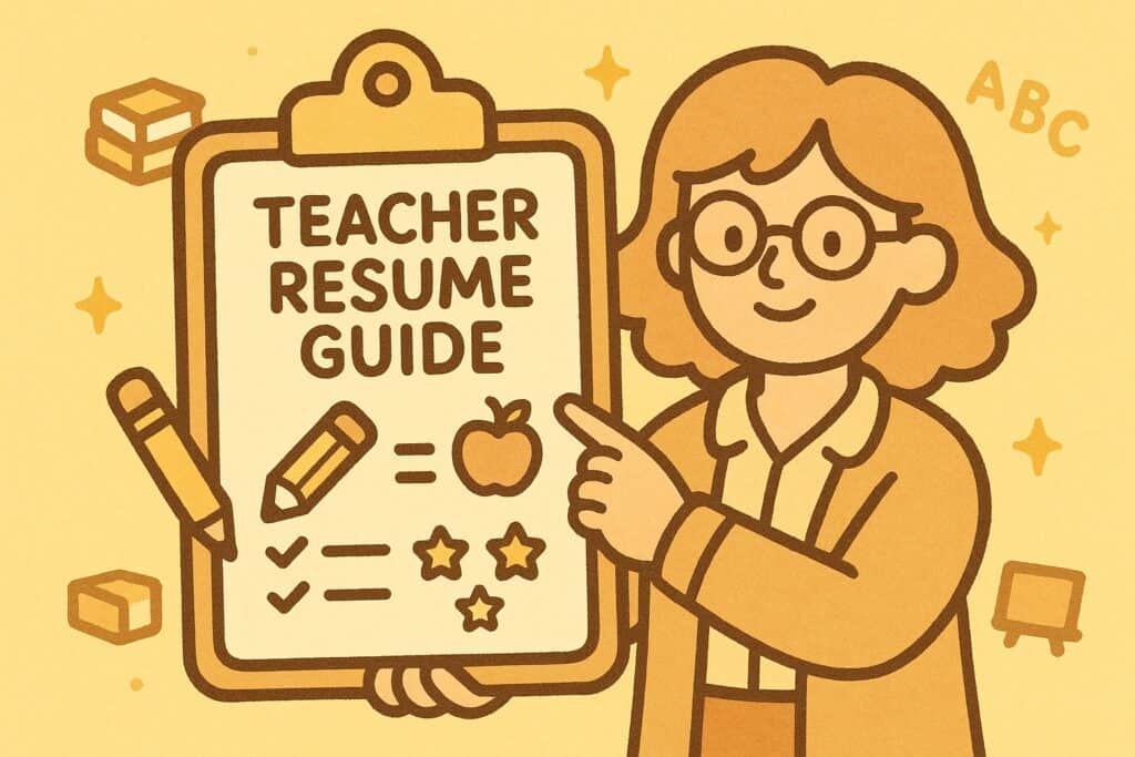 A friendly cartoon-style character points to a large clipboard titled “Teacher Resume Guide.” The clipboard shows simple icons such as a pencil, an apple, checklist lines, and small stars representing resume sections. The background is soft yellow with floating educational icons like tiny books and ABC letters. The illustration uses thick rounded outlines and a warm pastel colour palette, matching the same friendly style as the reference image.