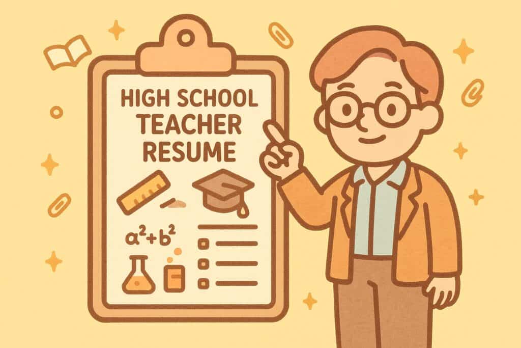 A friendly cartoon-style character dressed like a high school teacher points to a large clipboard titled “High School Teacher Resume.” The clipboard features simple icons such as a ruler, a graduation cap, checklist lines, and subject symbols like a book or science flask. The background is soft yellow with floating educational elements like tiny books, stars, and sparkles. The illustration uses thick rounded outlines and a warm pastel palette matching the reference image’s friendly style.