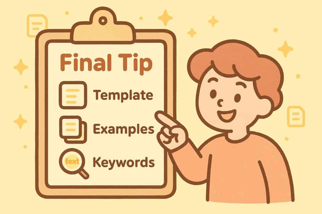 A cheerful cartoon-style character points to a large clipboard titled “Final Tip.” The clipboard displays three simple icons: a blank document representing templates, stacked pages representing examples, and a magnifying glass over text representing keywords. The background is soft yellow with floating stars, sparkles, and small document symbols. The illustration uses thick rounded outlines and a warm pastel style matching the reference image.