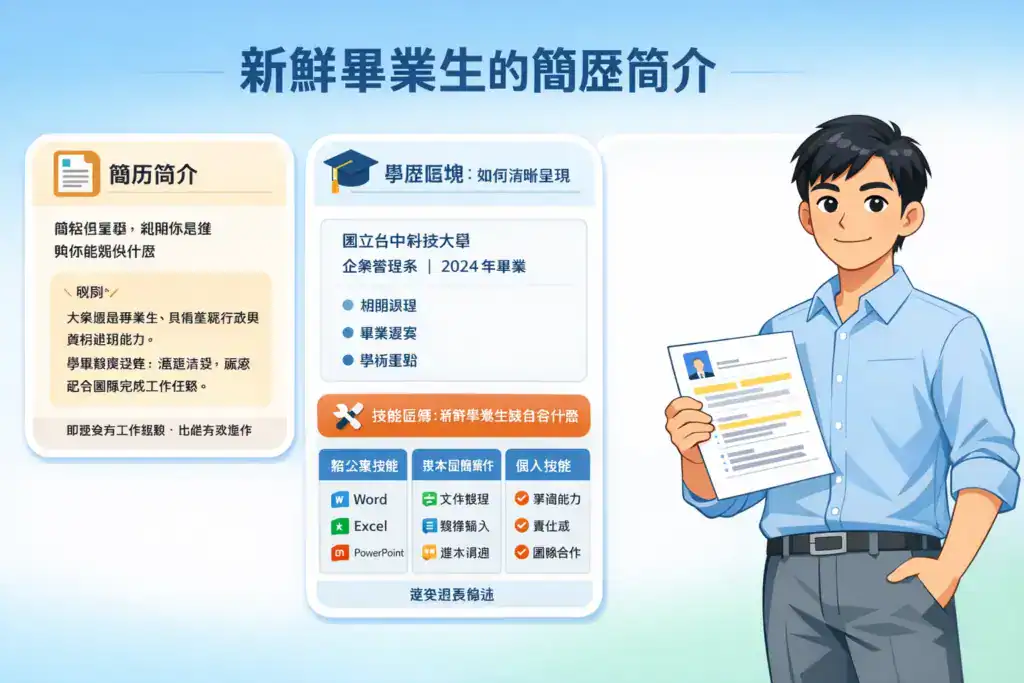 插画风格图片，主题为「新鲜毕业生的简历简介」，一名台湾应届毕业生手持履历站立，画面展示简历简介写作示例、学历区块、技能区块与个人能力重点，强调清楚呈现学经历、技能与职场潜力，适合新鲜人求职与 ATS 履历筛选。