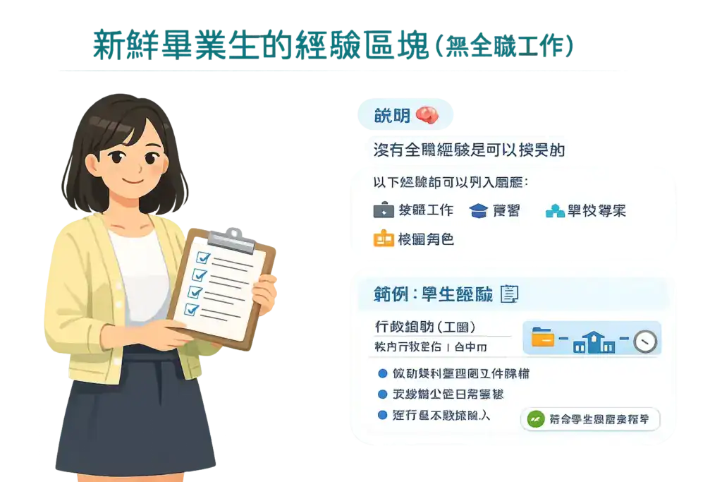 插畫風格圖片，主題為「新鮮畢業生的經驗區塊（無全職工作）」，一名台灣女性新鮮人手持清單板，畫面說明即使沒有全職經驗，也可將實習、打工、學校專案與校園角色列入履歷，並展示學生經驗範例與重點整理方式。