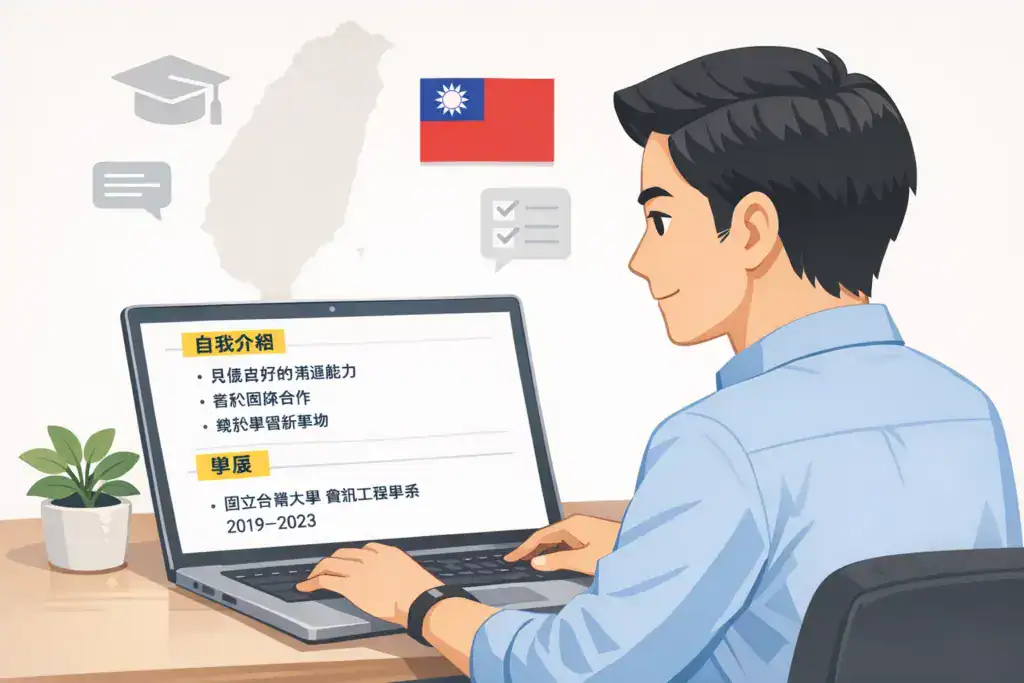 一名台灣求職者坐在書桌前使用筆電撰寫履歷,螢幕上顯示「自我介紹」與「學歷」區塊,內容包含溝通能力、團隊合作與學習意願,以及國立台灣大學資訊工程學系(2019–2023)。背景有台灣地圖與國旗圖示,整體風格為清晰的角色插畫,呈現台灣標準履歷格式。