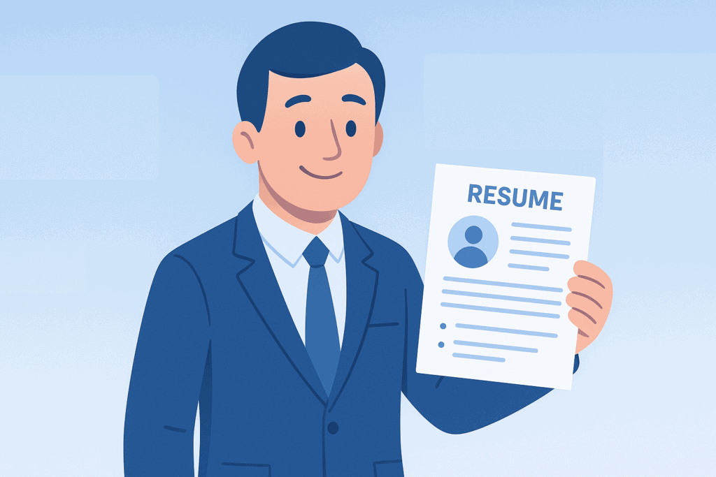Friendly IT support specialist holding a resume in a blue-themed vector illustration