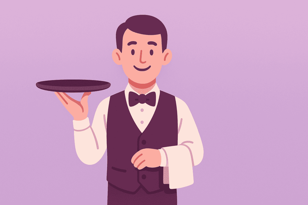 Smiling waiter holding a tray in a purple themed flat vector hero illustration
