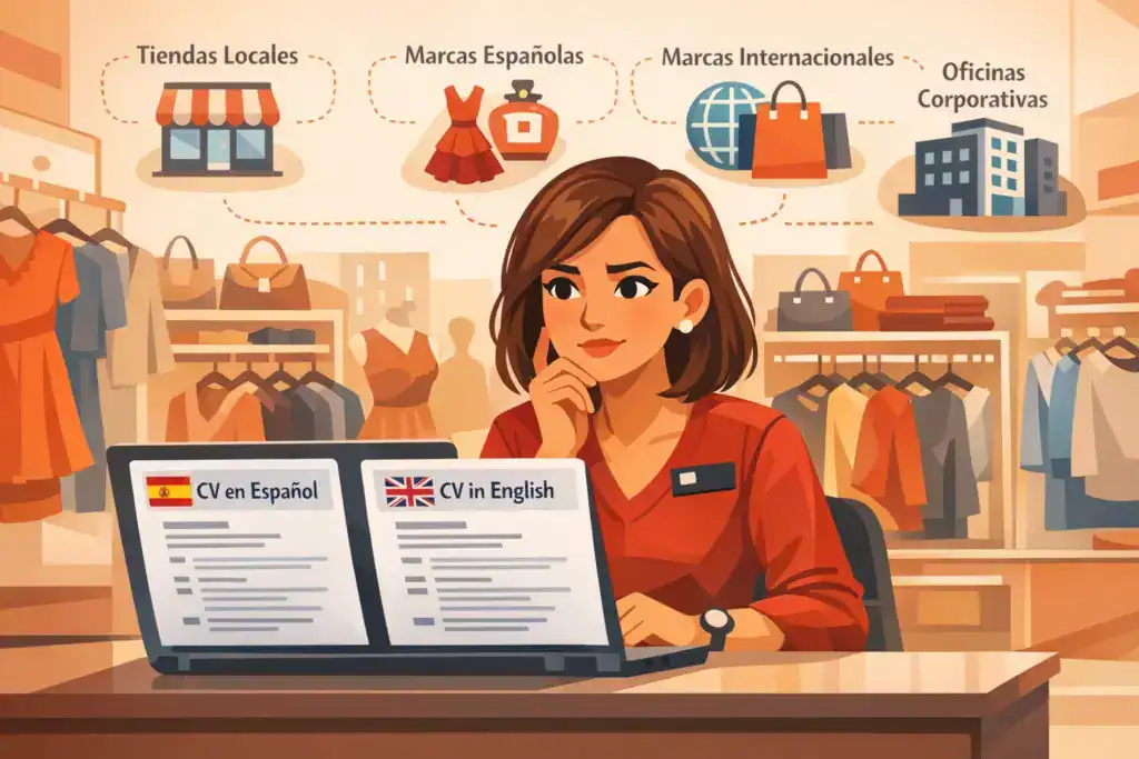 Dependienta en una tienda de moda comparando un CV en espa&ntilde;ol y un CV en ingl&eacute;s en su port&aacute;til, mostrando cu&aacute;ndo usar cada idioma para trabajar en retail en Espa&ntilde;a.