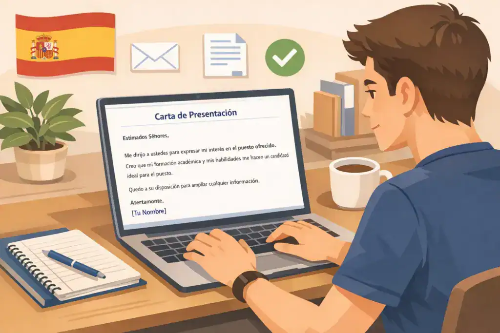 Ilustraci&oacute;n de un estudiante en Espa&ntilde;a escribiendo una carta de presentaci&oacute;n en espa&ntilde;ol en su port&aacute;til. En la pantalla se ve una &ldquo;Carta de Presentaci&oacute;n&rdquo; con un texto formal y sencillo. El estudiante est&aacute; sentado en un escritorio con un cuaderno, un bol&iacute;grafo y una taza de caf&eacute;. En el fondo aparecen iconos de un sobre, un documento y una marca de verificaci&oacute;n, junto a una bandera de Espa&ntilde;a. La escena transmite profesionalismo, claridad y preparaci&oacute;n para estudiantes que solicitan su primer empleo.