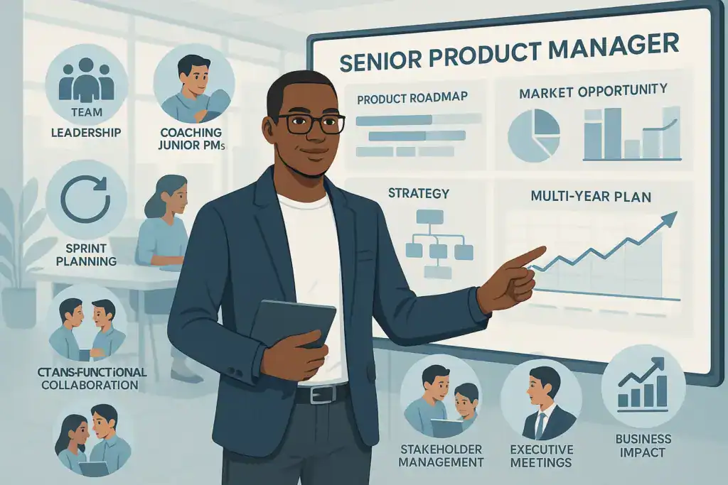 Illustration of a Senior Product Manager presenting product strategy on a screen, showing a roadmap, market opportunity charts, and a multi-year plan, surrounded by icons representing leadership, coaching PMs, sprint planning, stakeholder management, executive meetings, and business impact.
