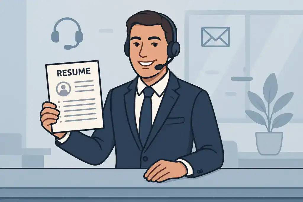 Illustration of a smiling customer service professional wearing a headset and holding a resume in an office setting, showing a clean and professional resume layout