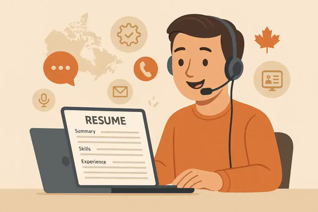 Illustration of a customer service representative wearing a headset while reviewing a Canadian-style resume on a laptop, surrounded by icons for communication, support skills, and a Canada map.
