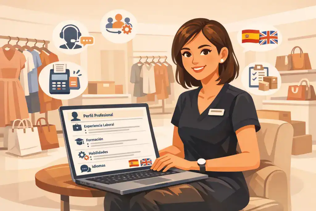 Ilustraci&oacute;n de una dependienta en una tienda de moda en Espa&ntilde;a revisando un CV completo en un port&aacute;til, con secciones visibles de perfil profesional, experiencia laboral, formaci&oacute;n, habilidades e idiomas, rodeada de iconos de atenci&oacute;n al cliente, TPV, stock y banderas de Espa&ntilde;a y Reino Unido.