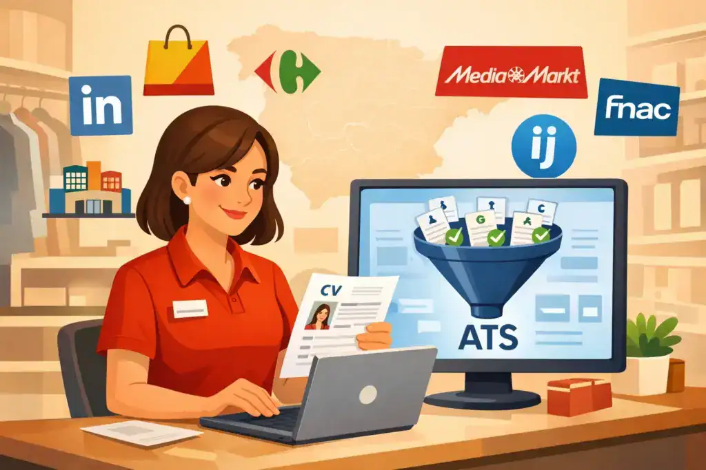 Ilustraci&oacute;n de una dependienta en Espa&ntilde;a revisando su curr&iacute;culum en un port&aacute;til mientras un sistema ATS filtra candidatos en la pantalla, con iconos de cadenas retail, LinkedIn e InfoJobs y un mapa de Espa&ntilde;a de fondo.