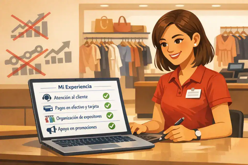 Dependienta en una tienda en Espa&ntilde;a redactando su experiencia en ventas en un CV, con tareas claras como atenci&oacute;n al cliente, pagos y organizaci&oacute;n de expositores, y evitando descripciones exageradas.