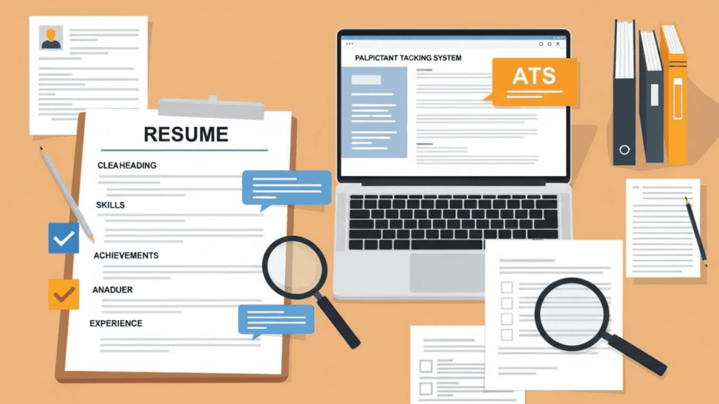 &ldquo;Illustration of a clean, well-formatted resume on a desk next to a laptop showing an ATS interface, with highlighted sections and bullet points, emphasizing readability, organization, and professional impact.&rdquo;