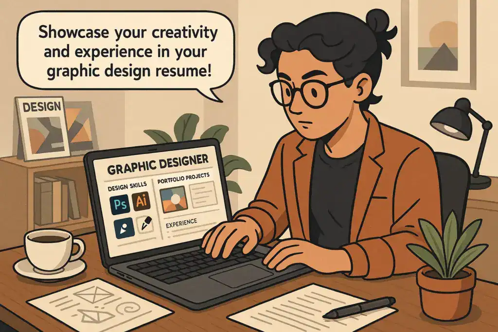 An illustration of a graphic designer working on a portfolio resume, showcasing design skills and projects on a laptop with a creative workspace background.