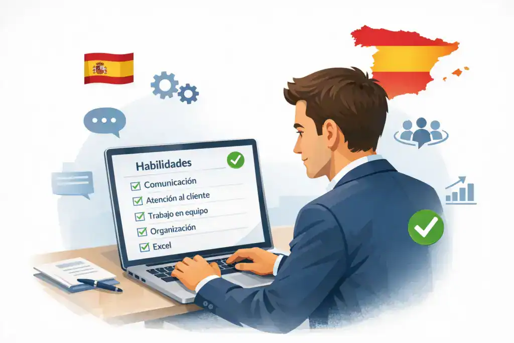 Ilustración de un profesional en España revisando la sección de habilidades de su currículum en un portátil, con una lista de competencias clave como comunicación, atención al cliente, trabajo en equipo, organización y Excel, acompañada de iconos de validación ATS y elementos visuales de España.