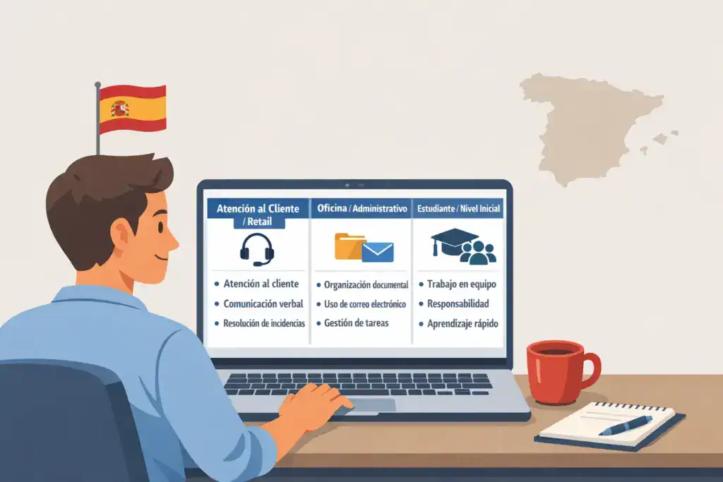 Ilustraci&oacute;n de un candidato en Espa&ntilde;a revisando en su port&aacute;til habilidades clave para el CV por tipo de empleo: atenci&oacute;n al cliente, oficina administrativa y estudiante o nivel inicial.