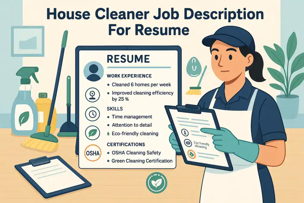 The image you uploaded visually represents "House Cleaner Job Description For Resume", effectively showcasing a cleaner reviewing a resume with key elements like work experience, skills, and certifications related to house cleaning. The scene includes cleaning tools and certifications like OSHA Cleaning Safety and Green Cleaning Certification, highlighting the importance of detailing experience and qualifications.