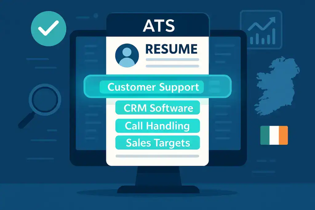 "Digital illustration of a resume being scanned by an ATS, with highlighted keywords and icons for efficiency and accuracy."