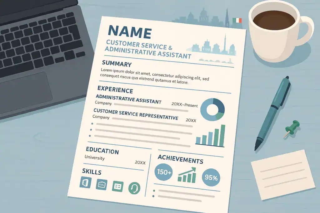 "Illustration of a well-structured administrative assistant resume with clear contact info and summary on a professional desk setup in Ireland."