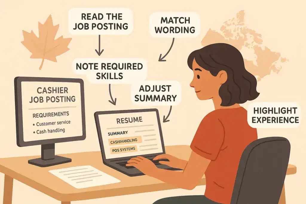 Illustration of a cashier job seeker comparing a job posting with their resume while adjusting skills and summary; labels show steps like reading the job posting, noting required skills, matching wording, and highlighting experience, with Canadian-themed icons in the background