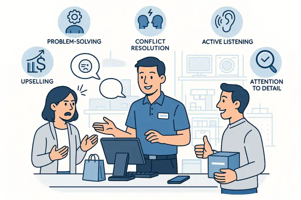 Illustration of a cashier assisting customers in a store, demonstrating communication, problem-solving, and upselling skills in a professional setting.