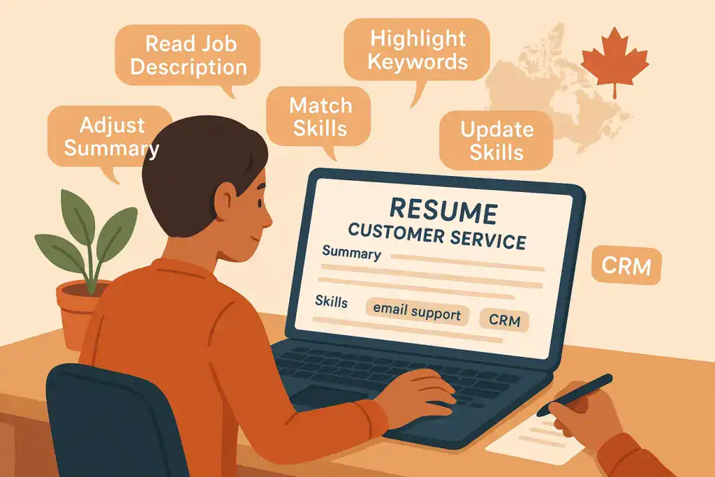 A job seeker updates a customer service resume on a laptop while icons around them highlight steps like reading the job description, matching skills, and adding keywords such as email support and CRM.