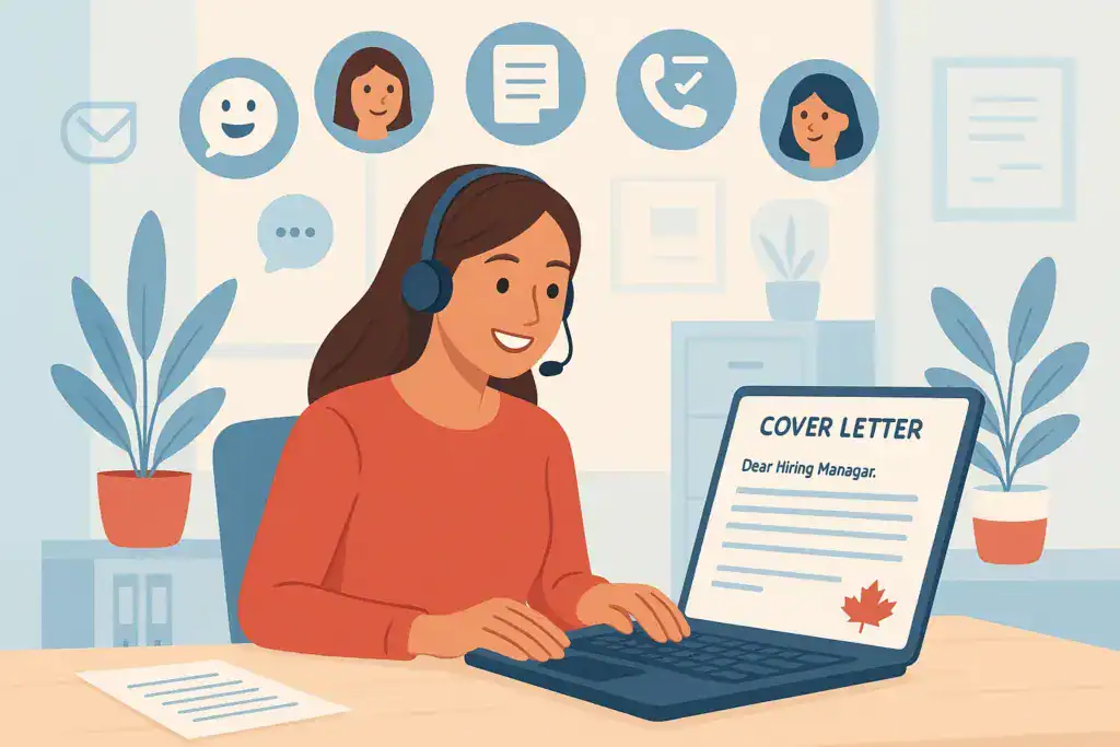 Illustration of a smiling receptionist wearing a headset typing a Canadian-style cover letter on a laptop, with communication icons and plants in the background.