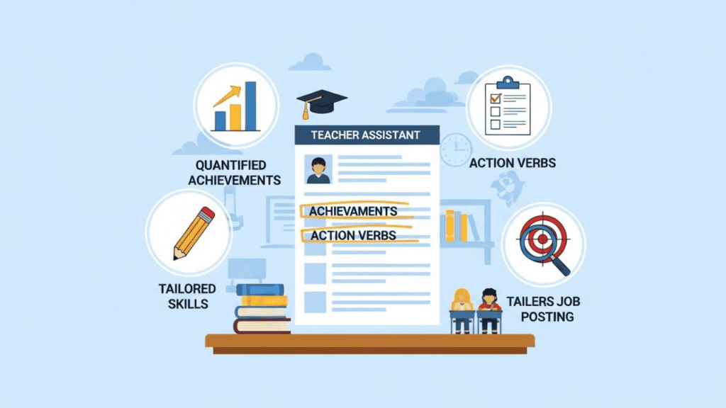 Illustration of a teacher assistant resume on a desk, highlighting quantified achievements, action verbs, and tailored skills, surrounded by icons like a bar chart, checklist, and magnifying glass, with subtle classroom elements in the background.