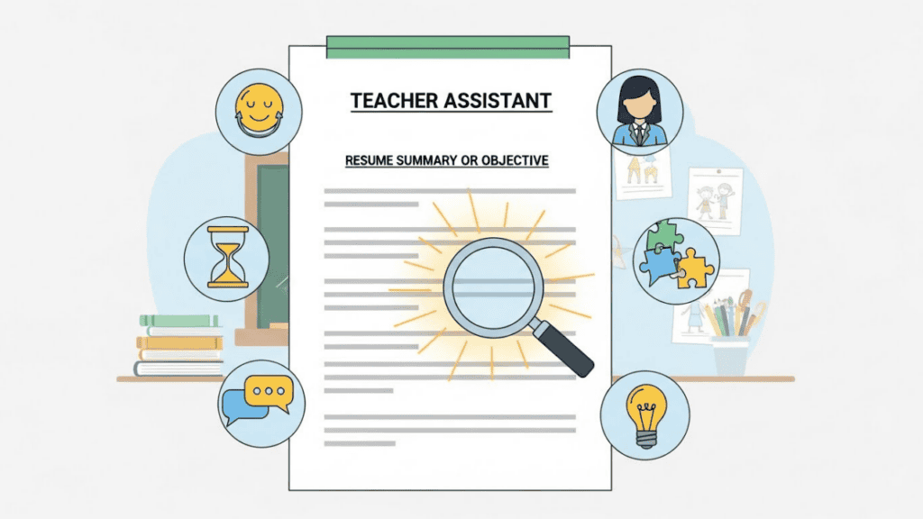 Illustration of a teacher assistant resume with the &ldquo;Resume Summary or Objective&rdquo; section highlighted, surrounded by icons for patience, communication, and problem-solving, with classroom elements like books and a chalkboard in the background.