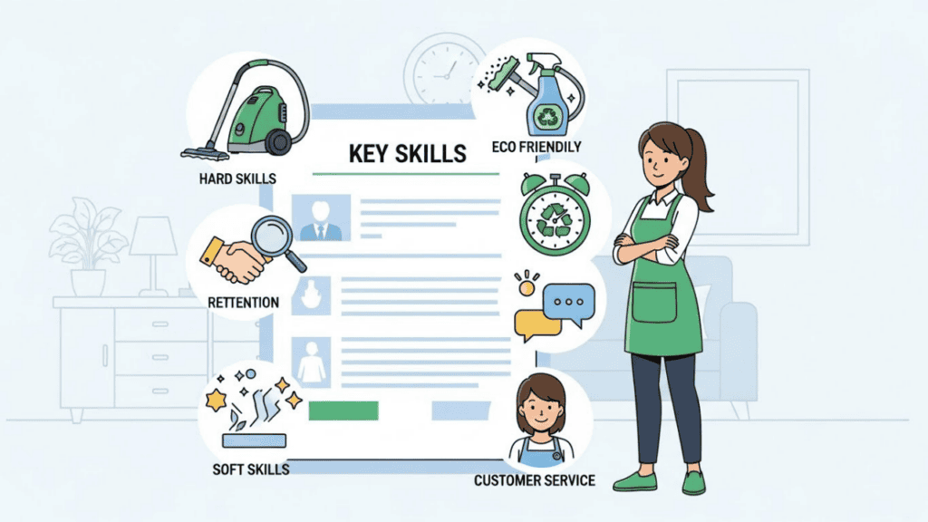 &ldquo;Illustration of a house cleaner standing next to a large resume highlighting key skills, with icons representing hard skills like cleaning tools and time management, and soft skills like attention to detail, reliability, communication, and customer service, set against a clean home background.&rdquo;