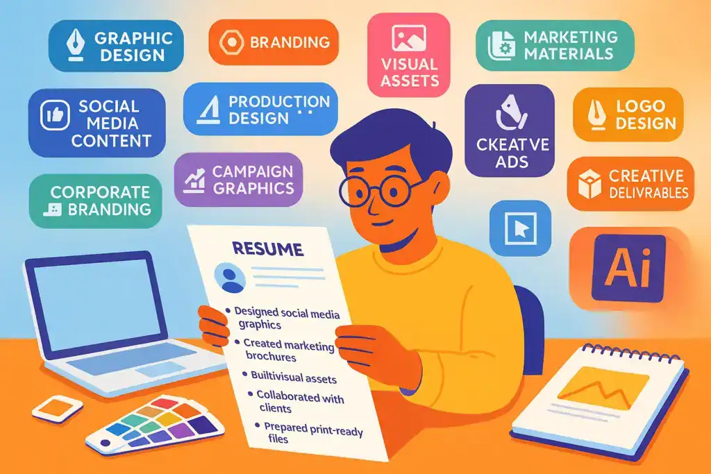 Illustration of a graphic designer reviewing a resume while surrounded by colourful ATS keyword icons such as graphic design, branding, visual assets, marketing materials, logo design, social media content, production design, campaign graphics, corporate branding, creative ads, and creative deliverables. The workspace includes a laptop, colour swatches, a notepad, and design tools, with a warm gradient background