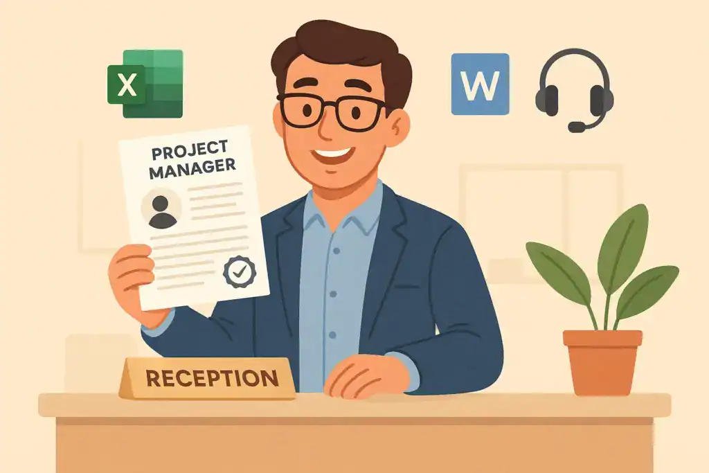 Illustration of a man in business attire holding a project manager resume with a certification badge. He is smiling and standing at a reception desk with the word 'RECEPTION' visible. Above him are icons representing project management tools like Excel, Word, and a headset, symbolizing communication skills