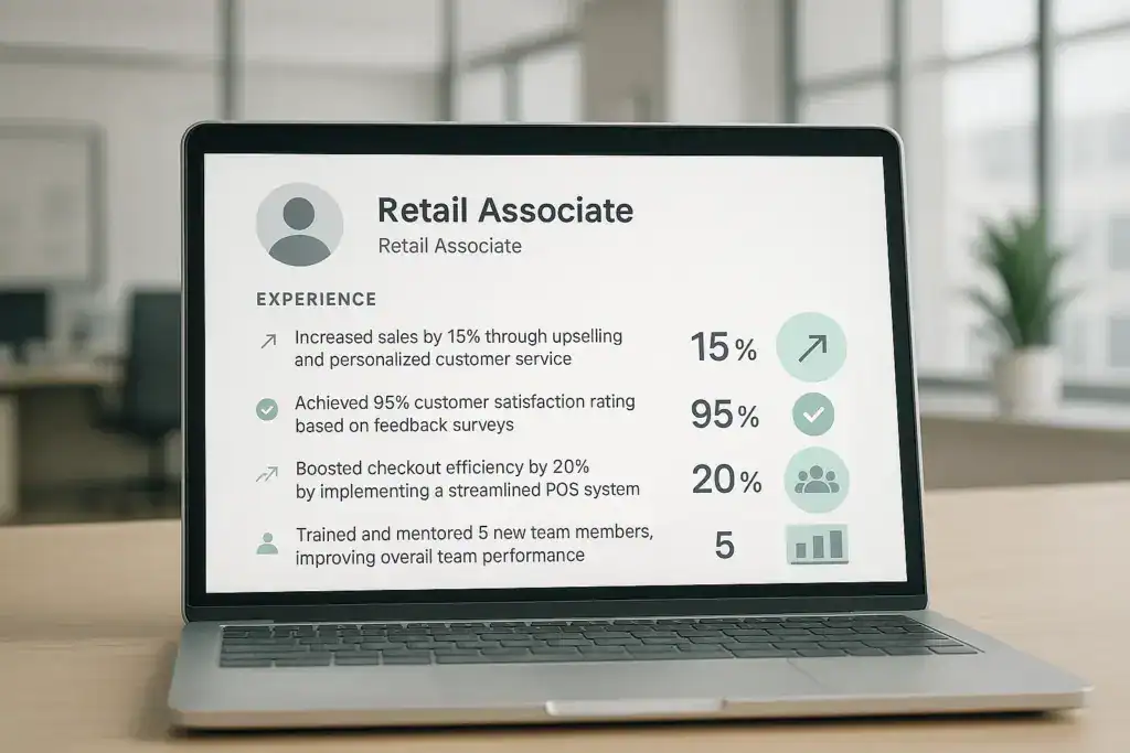 Illustration of a retail associate resume highlighting quantified achievements with numbers, percentages, and performance metrics.