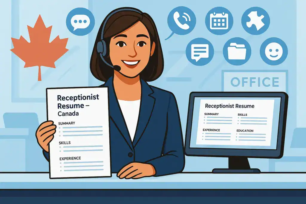 Illustration of a smiling receptionist wearing a headset and holding a document titled ‘Receptionist Resume – Canada,’ with a computer screen displaying a resume layout beside her. Icons for communication, phone handling, scheduling, organization, and customer service appear in the background, along with a maple leaf and an office sign, symbolizing Canadian workplace expectations.
