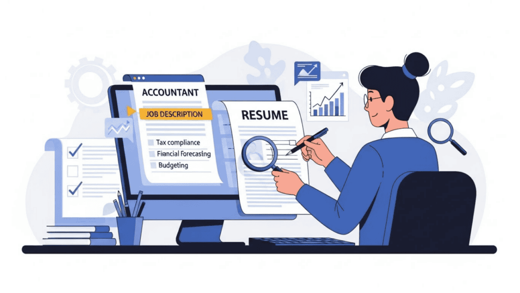 &ldquo;Illustration of an accountant tailoring a resume at a desk, with a job description on a computer screen, highlighted keywords, and visual elements like checkmarks and graphs, emphasizing customization and professional alignment.&rdquo;