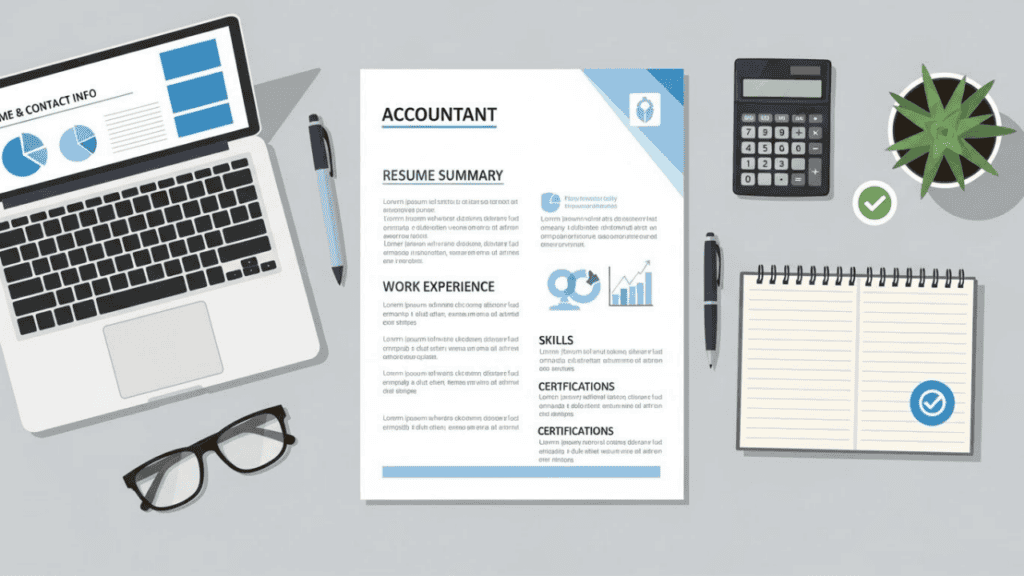 &ldquo;Flat-lay illustration of a well-organized accountant resume on a desk with office tools and accounting icons, showing essential sections like contact info, summary, and work experience for a professional and precise presentation.&rdquo;
