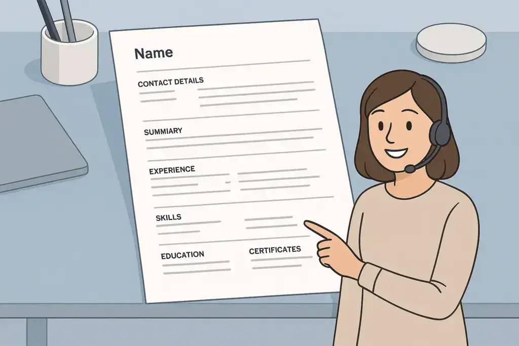 Illustration of a smiling female customer service worker wearing a headset and pointing at a neatly formatted resume showing sections like Contact Details, Summary, Experience, Skills, Education, and Certificates on a desk