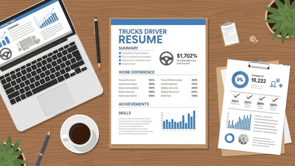 &ldquo;Flat-lay illustration of a well-organized accountant resume on a desk with office tools and accounting icons, showing essential sections like contact info, summary, and work experience for a professional and precise presentation.&rdquo;