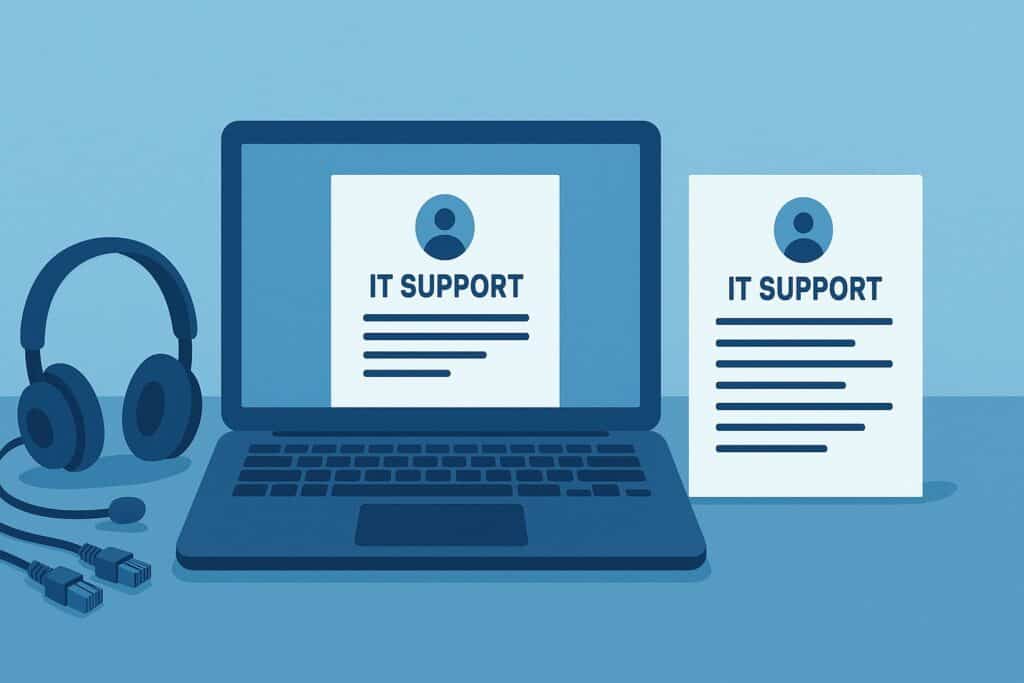  IT support resume with technical tools in a blue-themed flat vector illustration