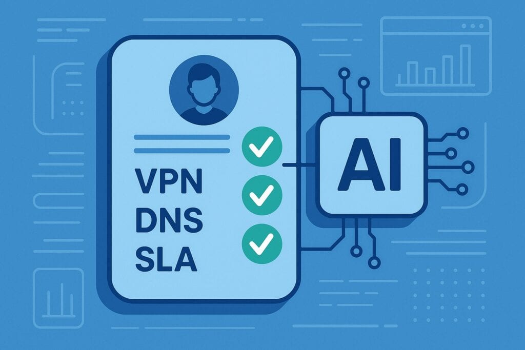 Blue-themed illustration of ATS scanning an IT support resume for keywords
