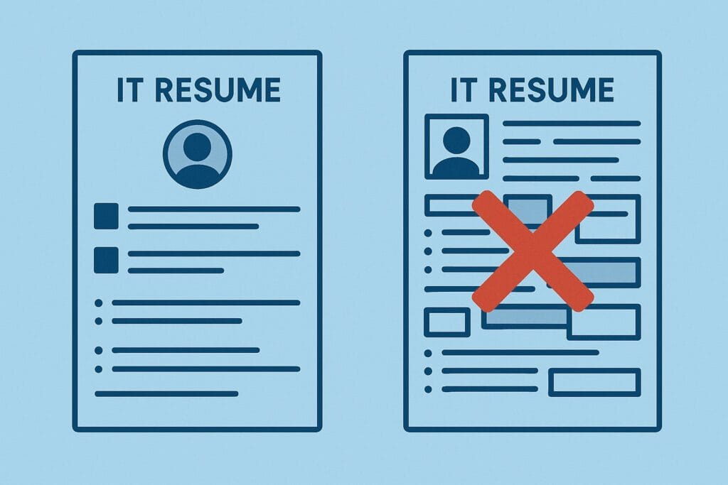 Blue-themed illustration comparing ATS-friendly and rejected IT resume formats