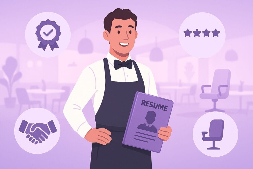 Confident waiter holding a resume folder with hiring success icons in a purple themed flat vector illustration