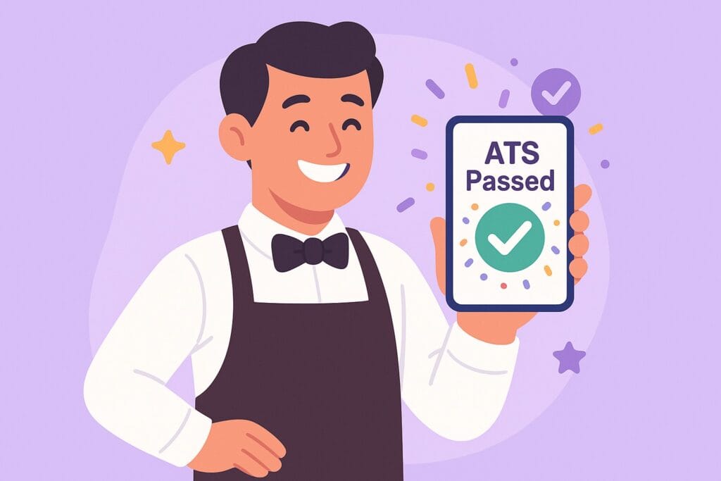 Server receiving an ATS pass notification after optimizing their resume in a purple themed illustration