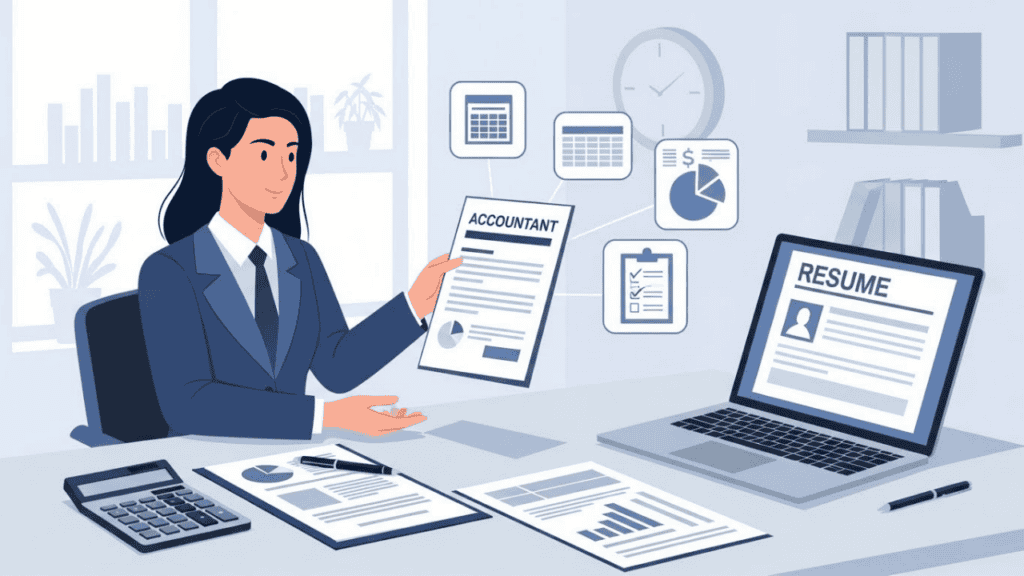 &ldquo;Illustration of an accountant presenting a resume to a hiring manager, with charts, a calculator, and icons for accounting skills and certifications, highlighting the importance of a strong and precise accountant resume.&rdquo;